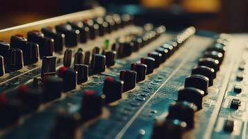 Close up view of an audio mixing console in use photo