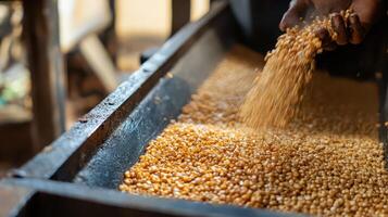 Workers sorting grains in a rustic facility photo