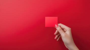 Hand with small red square on red photo