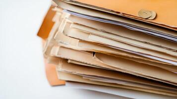 Documents stacked in a file on a work surface photo