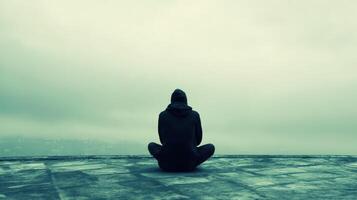 Person sitting alone on a rooftop under cloudy sky photo