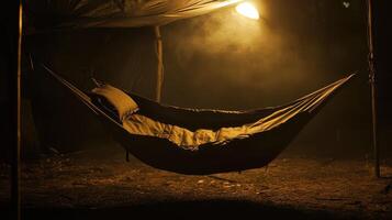Cozy hammock under soft light during night camping photo