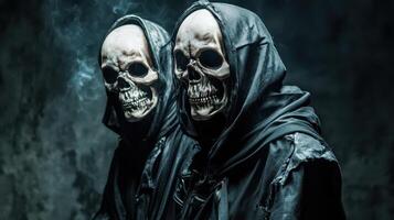 Skull masked figures in dark setting photo