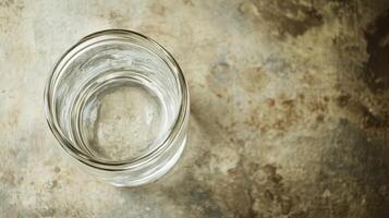 Clear glass jar on a rustic surface with water photo