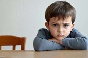 Young boy shows displeasure while sitting at table photo