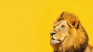 Lion gazes against a bright yellow backdrop photo