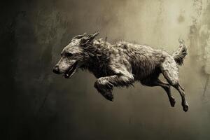 Dog leaps joyfully in an artistic background photo