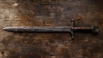 Sword displayed on rustic wooden surface photo
