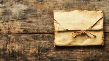 Old envelope on rustic wooden surface photo