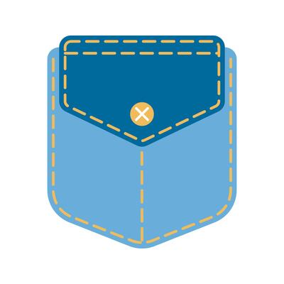 Denim patch pocket illustration stitching and button details. Perfect for fashion design and sewing projects. Ideal for digital and print use.