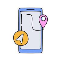 Smartphone GPS Flat design style, smartphone with a location pin, representing navigation, great for travel apps, mapping services, and direction-related designs. vector