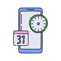Smartphone Calendar Flat design style, smartphone with a clock and calendar showing the number 31, representing scheduling, ideal for time management apps, planners, and office UI. vector