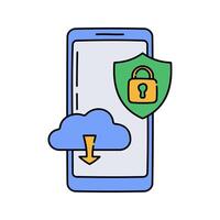 Smartphone Security Cloud Flat design style, smartphone with a shield, lock and cloud, symbolizing data protection, great for cybersecurity apps, privacy icons, and online security designs. vector