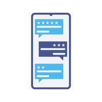 Review Smartphone Flat design style, smartphone screen with customer reviews, symbolizing feedback and ratings, ideal for e-commerce, social media, and branding projects. vector