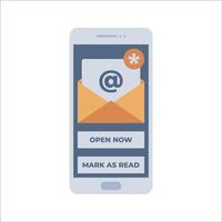 Email Notification Flat design style, smartphone screen with an email alert, representing digital correspondence, useful for business communication, email marketing, and networking visuals. vector