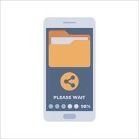 File Transfer Flat design style, smartphone screen showing file sharing progress, illustrating digital file transfer, great for cloud storage, data exchange, and technology-related graphics. vector