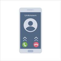 Incoming Call Flat design style, smartphone screen with an unknown caller ID, representing phone calls, useful for mobile communication designs, security themes, and telecom projects. vector