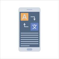 Translation App Flat design style, smartphone screen with translation symbols, illustrating language translation, useful for global communication, app designs, and digital interaction concepts. vector