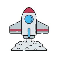Rocket Launch Flat design style, red and white rocket blasting off with smoke, symbolizing space missions, exploration, and future technology, perfect for innovation and science graphics. vector