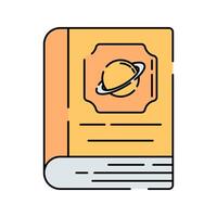 Space Book Flat design style, orange book with a planetary icon, symbolizing space education and knowledge, perfect for astronomy related designs, learning materials, and science projects. vector
