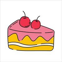 Cherry Cake Doodle style, a slice of layered cake topped with cherries, representing dessert, suitable for bakery branding, menu illustrations, and sweet-themed designs. vector