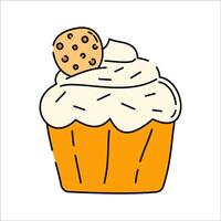 Cupcake Doodle style, a cupcake topped with frosting and a cookie, symbolizing desserts, perfect for bakery branding, confectionery designs, and party invitations. vector