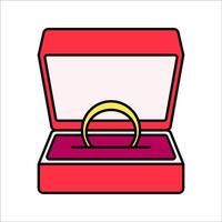 Ring Box Flat design style, red ring box with gold ring, symbolizing jewelry and romance, ideal for marriage, engagement, or luxury visuals. vector