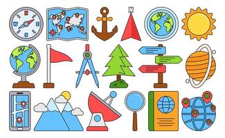 Flat design style geography icons with maps, globes, direction tools, and location markers, perfect for travel, education, navigation, and discovery visuals. vector