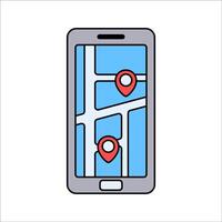 Smartphone GPS Flat style, phone screen with map and red location pins, representing digital navigation, ideal for travel and tech visuals. vector