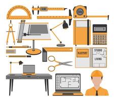 Architectural design icons featuring tools like blueprints, drafting table, ruler, compass, calculator, laptop, and a hard hat. Perfect for architecture, engineering, and construction themes. vector