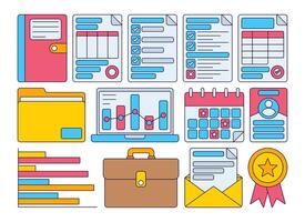 Flat-style corporate icons featuring documents, charts, calendars, folders, briefcase, and awards. Perfect for business, planning, or management themes. Clean and colorful design. vector