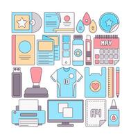 Printing Equipment Icon Illustration featuring tools like printer, ink, paper, and design elements. Perfect for design projects, print shops, or creative materials representation. vector