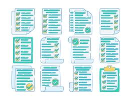 Set of complete task icons featuring documents with checkmarks, representing completion, approval, and organization. Ideal for productivity, planning, or checklist-themed designs. vector