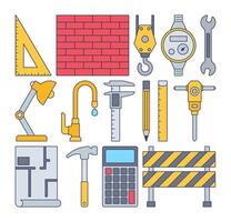 Engineering Equipment Icon Illustration featuring tools like rulers, wrenches, calipers, blueprints, and barriers. Ideal for construction, engineering, and industrial design projects. vector