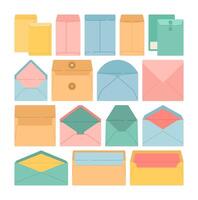Multicolored Envelope Collection featuring various envelope designs in pastel tones. Perfect for stationery, mail icons, or packaging themes in creative and business projects. vector