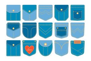 A collection of denim patch pocket illustrations with various designs, stitching, and button details. Perfect for fashion design, sewing projects, and apparel graphics. vector
