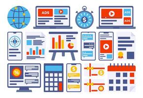 Marketing Element Icons Flat design style, a collection of digital marketing and advertising icons, ideal for business graphics, promotional materials, and UI UX design projects. vector
