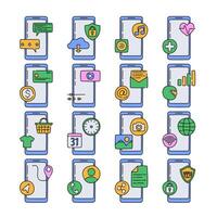 Flat design smartphone function icons set. Includes messaging, security, music, health, shopping, email, calendar, GPS, social, and VPN. Perfect for UI UX, apps, and digital projects. vector