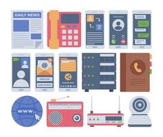 Communication Element Icons Flat design style, a collection of modern communication devices and digital tools, ideal for media, networking, and technology related projects. vector