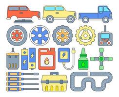 RC Toys Equipment Icons Flat design style, colorful icons of remote control cars, wheels, gears, batteries, and tools, perfect for toy related graphics, hobby projects, and technical illustrations. vector