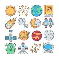 Space Element Icon Illustration Flat design style, colorful space-themed icons featuring planets, rockets, and satellites, ideal for educational materials, sci-fi designs, and astronomy project. vector