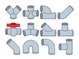 A set of water pipe connection illustrations in flat design style, featuring various pipe fittings and a valve, perfect for plumbing, engineering, construction, and industrial designs. vector