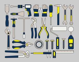 Service Tool Icons Flat design style, a collection of hand tools and hardware essentials, perfect for construction, repair, and maintenance designs, ideal for infographics, guides, and DIY projects. vector