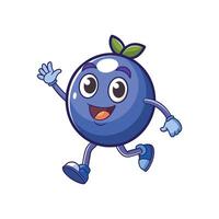 Friendly blueberry character runs and waves. Cartoon style illustration with cheerful and vibrant colors, isolated on a white background. vector