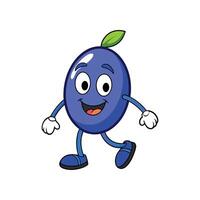 Cartoon walking plum character with face on white background vector