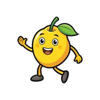 Happy cartoon apricot character waving hello with leaf vector
