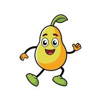 Cartoon pear character happily walking and waving hello gesture vector