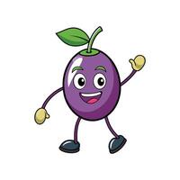 Smiling cartoon plum character waving hand on white background vector