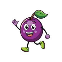Cartoon plum character running, waving hello, isolated on white vector