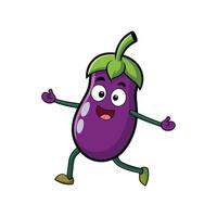 Cartoon eggplant character with happy face running and smiling vector